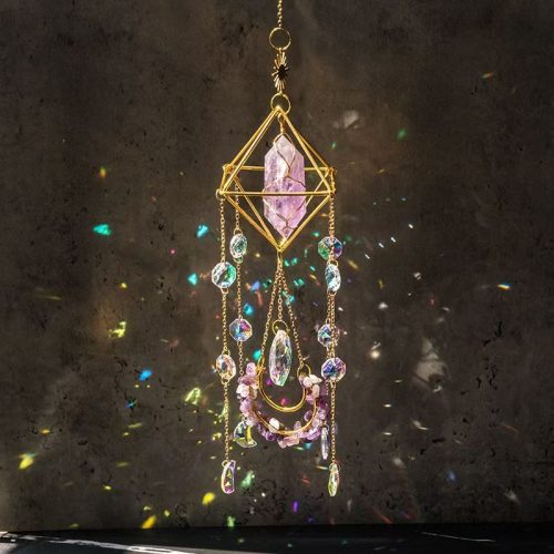 Illuminating crystal wind chime pendant, chime lying on the floor, room window decoration, dreamy rainbow gift, sunlight catcher