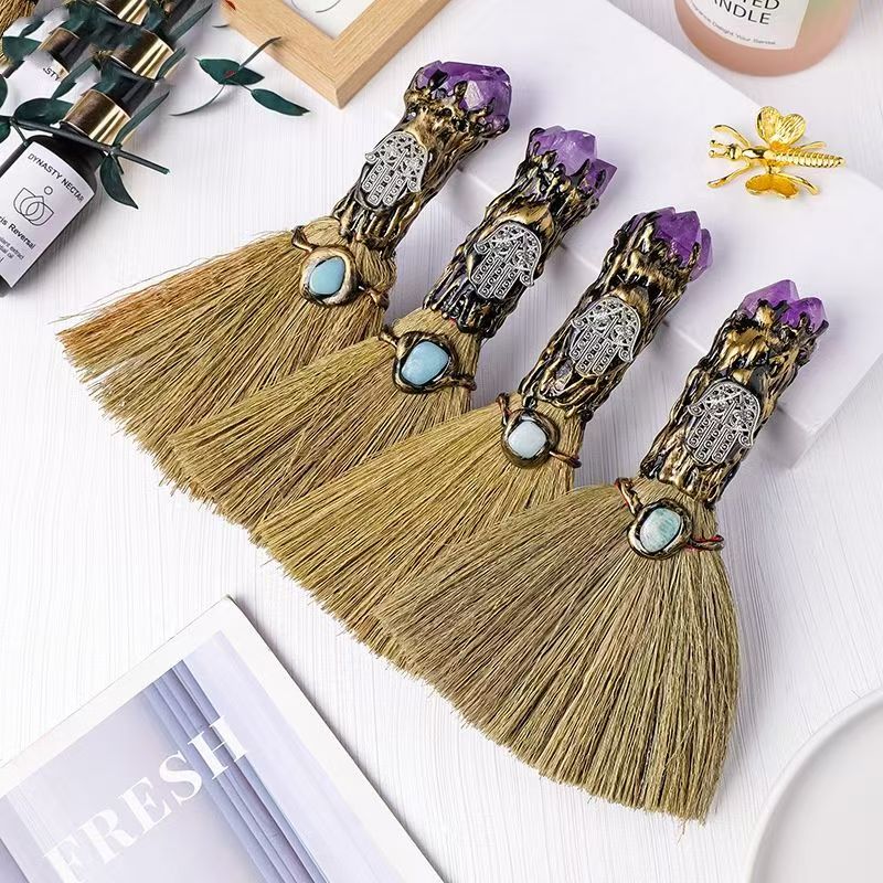 Witch magic broom, witch prop, witch room decoration equipment, crystal raw stone, bedroom household dust removal broom