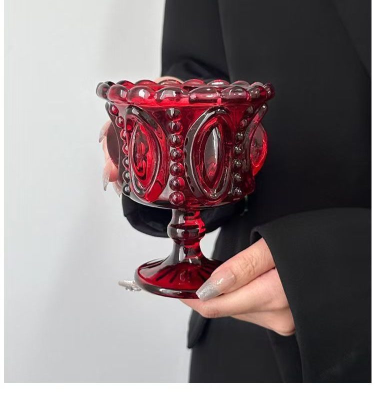 Vintage red crystal ice cream cup - A unique design with excellent appearance quality. A female relief pattern dessert cup, tall glass, ice cream cup.